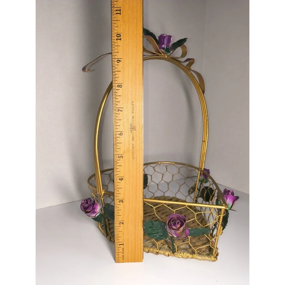 Gold Metal Heart Shaped Basket Purple Roses Wicker Bottom ~Display Storage Gift